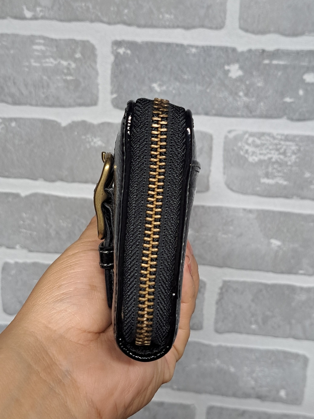Coach Black Patent Leather Zip Wallet with Brass Buckle Accents - Picture 3 of 8